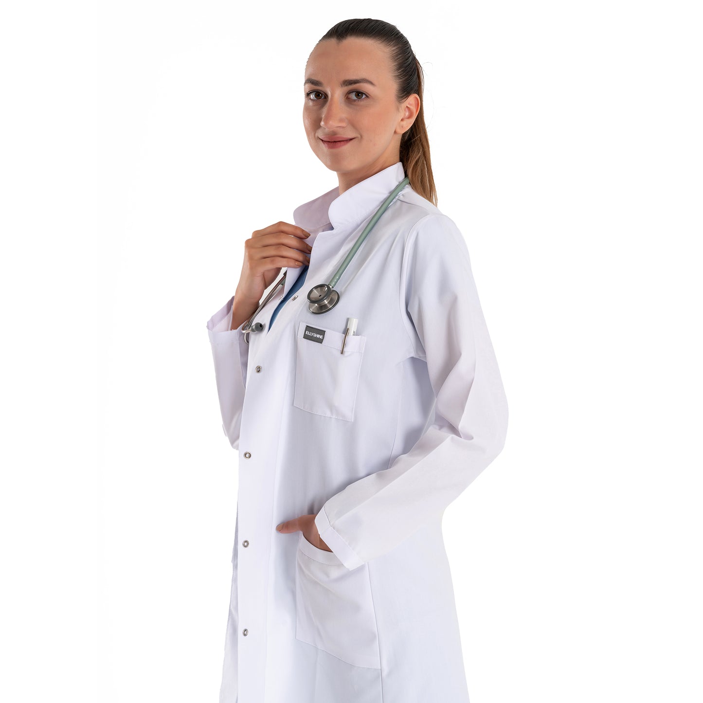 ELLYSHINE White Lab Coat for Medical Professionals, Long-sleeved, Unisex (Notched Lapel Collar)
