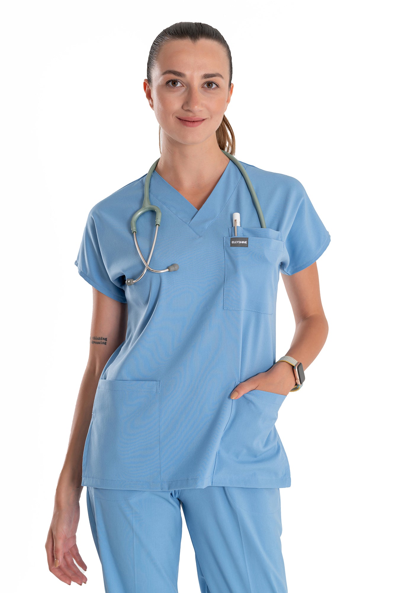 Medical Uniform and Scrubs Multi Pocket V-Neck Scrub Tops - Light Blue