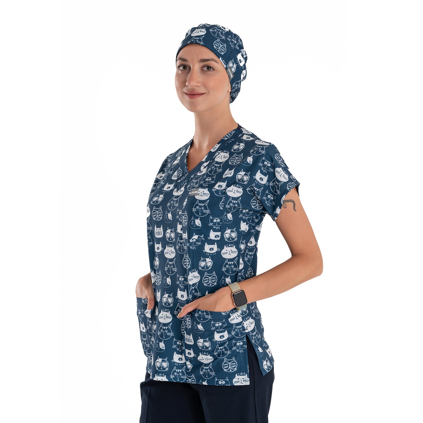 Printed V-Neck Medical Scrub Top, Navy Cat Printed