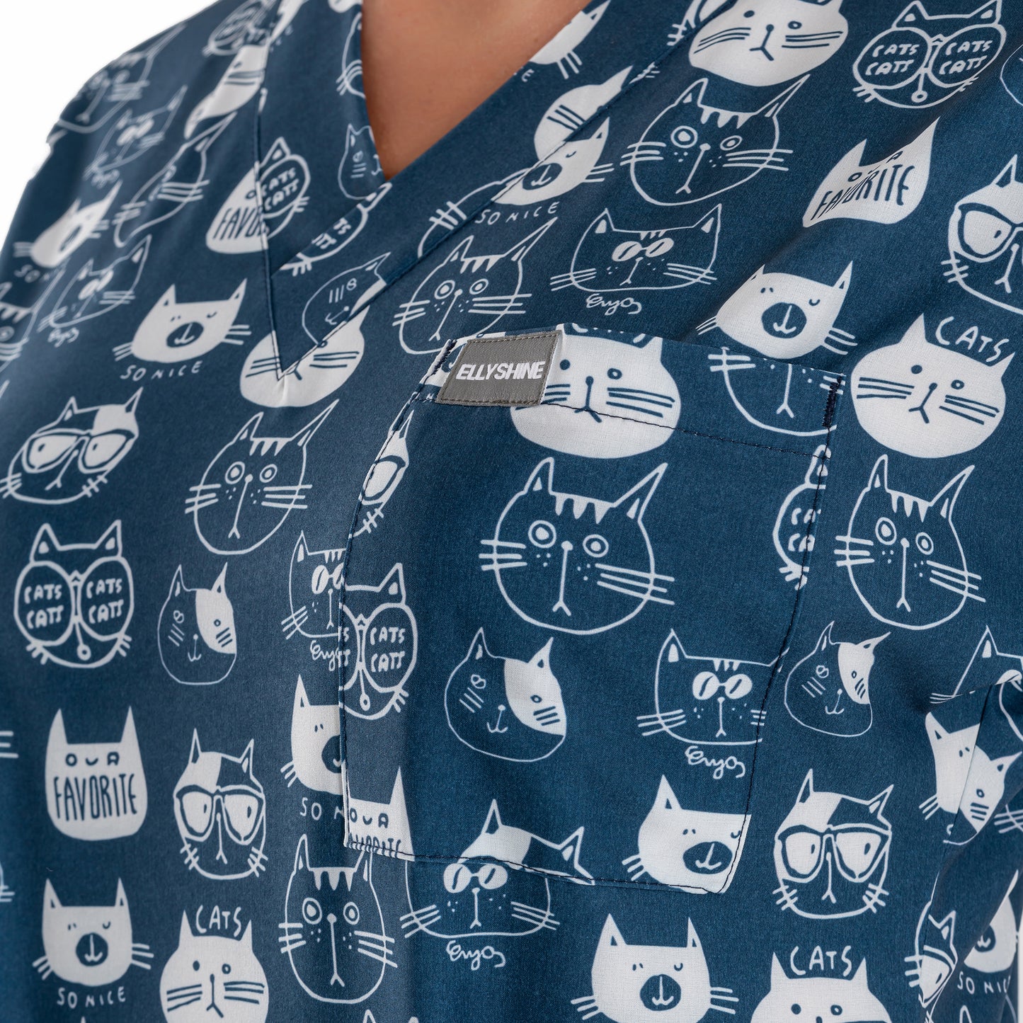 Printed V-Neck Medical Scrub Top, Navy Cat Printed