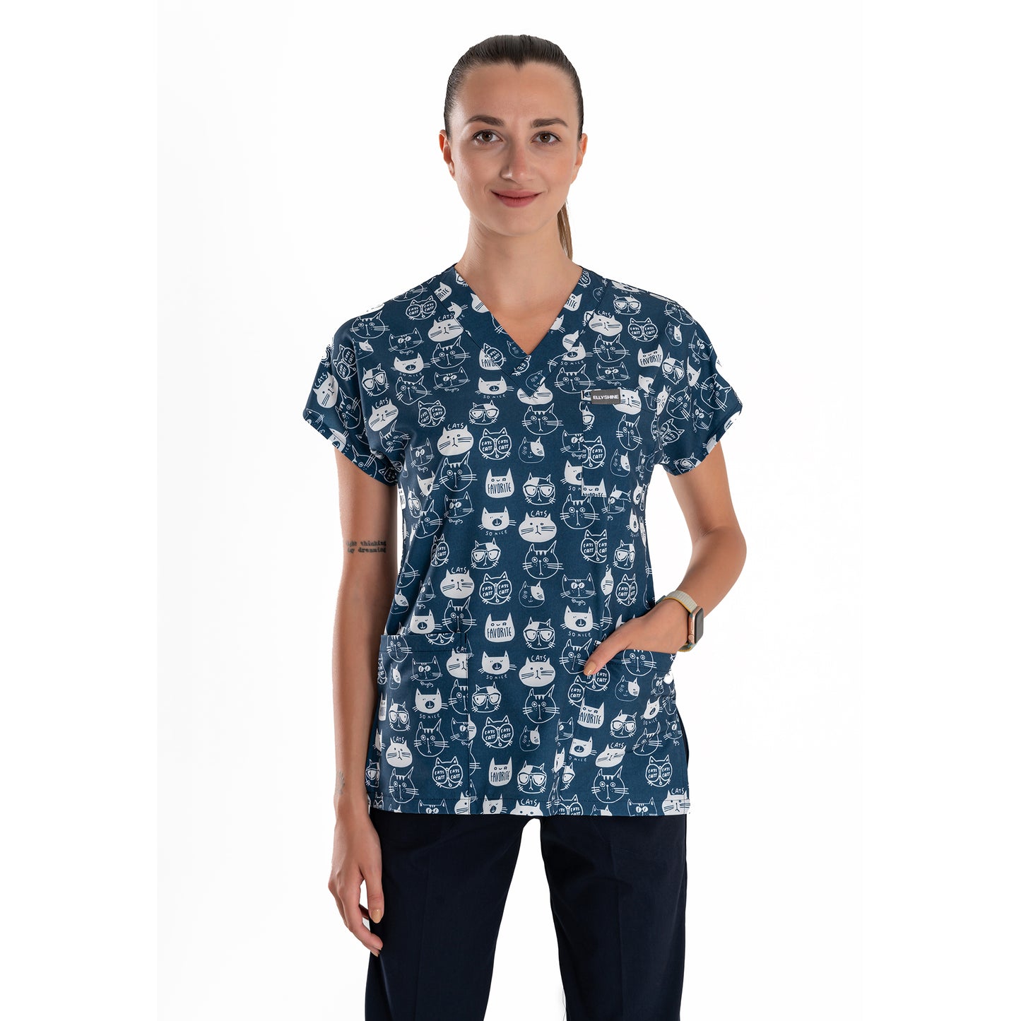 Printed V-Neck Medical Scrub Top, Navy Cat Printed