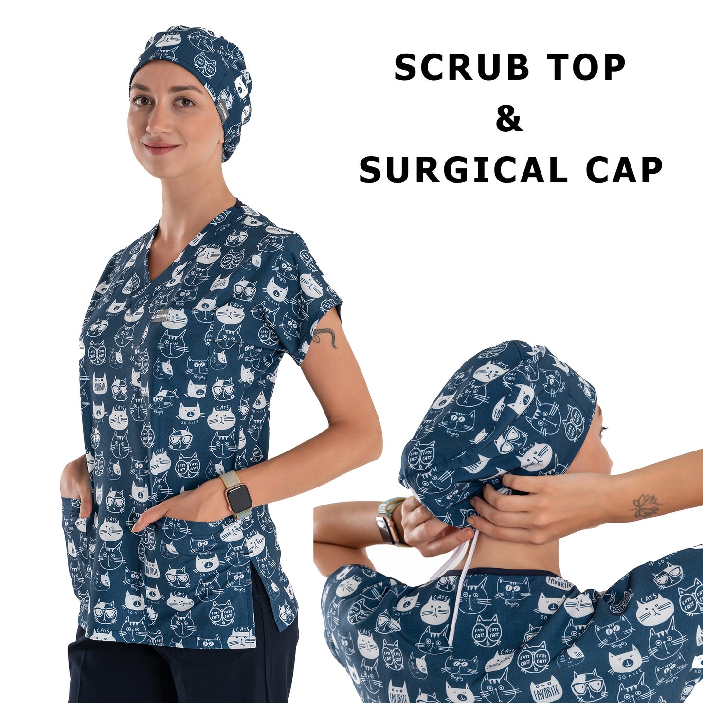 Printed V-Neck Medical Scrub Top, Navy Cat Printed