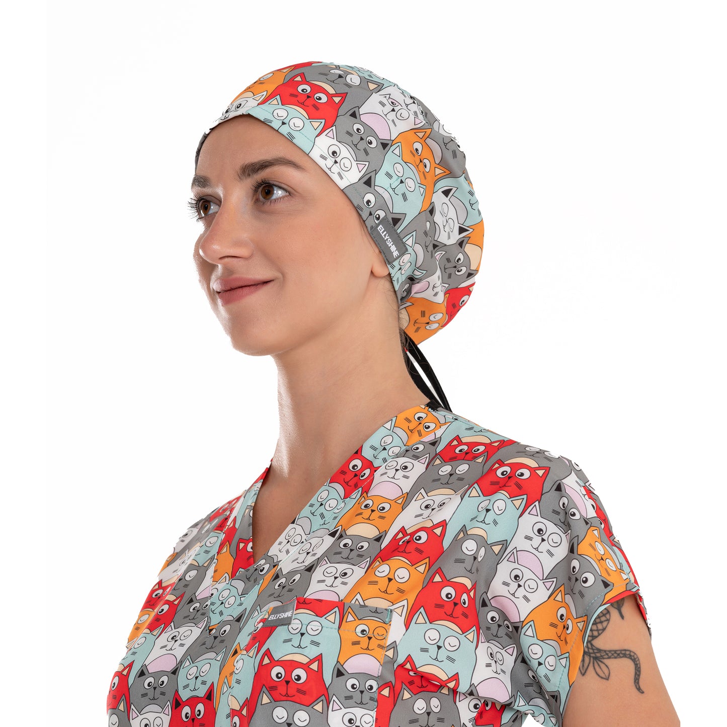 Printed V-Neck Medical Scrub Top, Orange Cat Printed