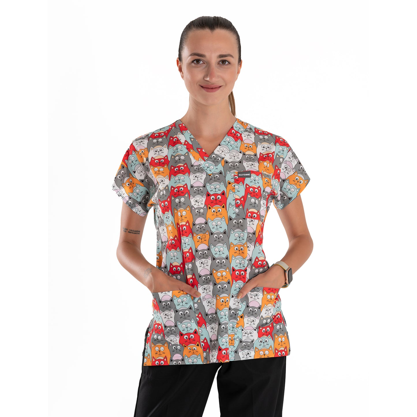 Printed V-Neck Medical Scrub Top, Orange Cat Printed