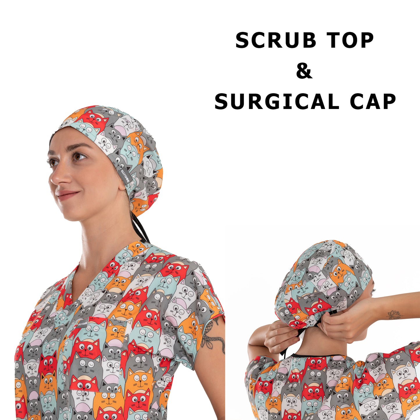 Printed V-Neck Medical Scrub Top, Orange Cat Printed