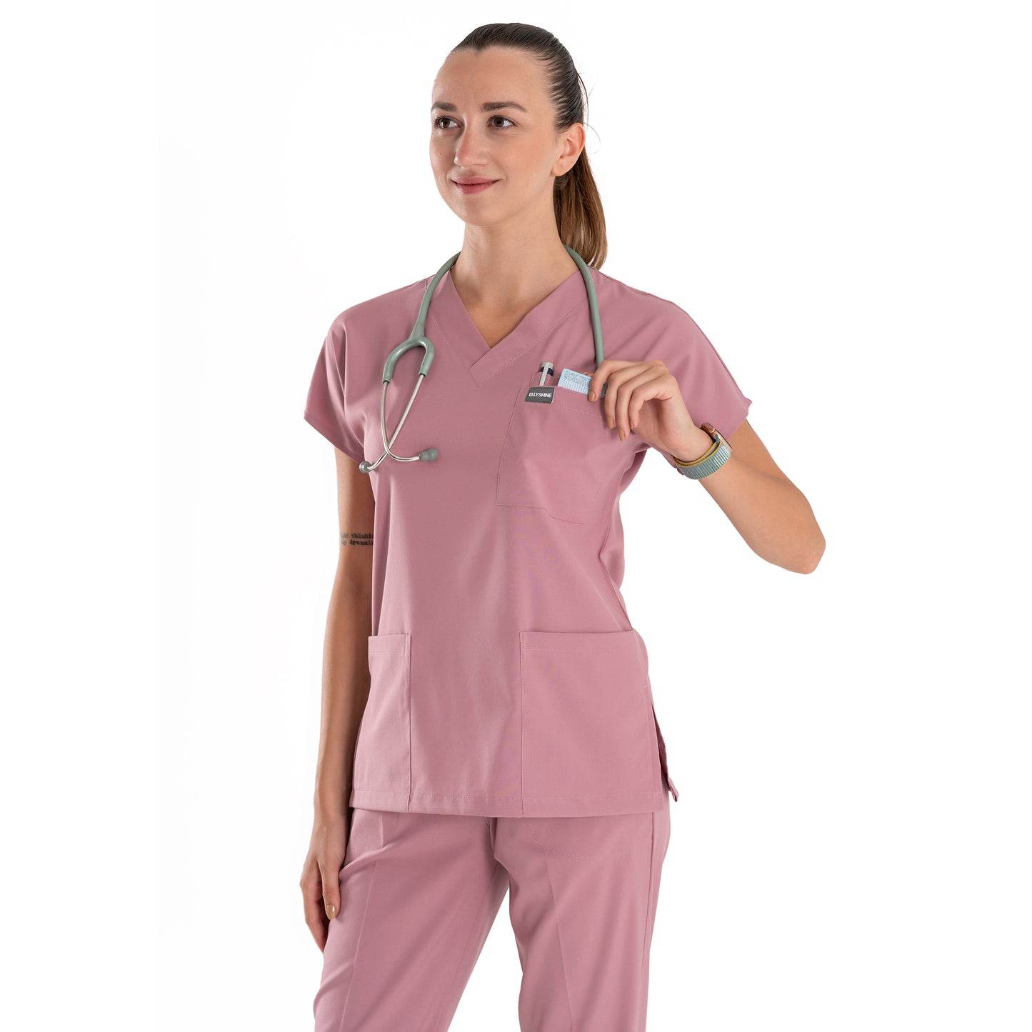 Medical Uniform and Scrubs Multi Pocket V-Neck Scrub Tops - Pink