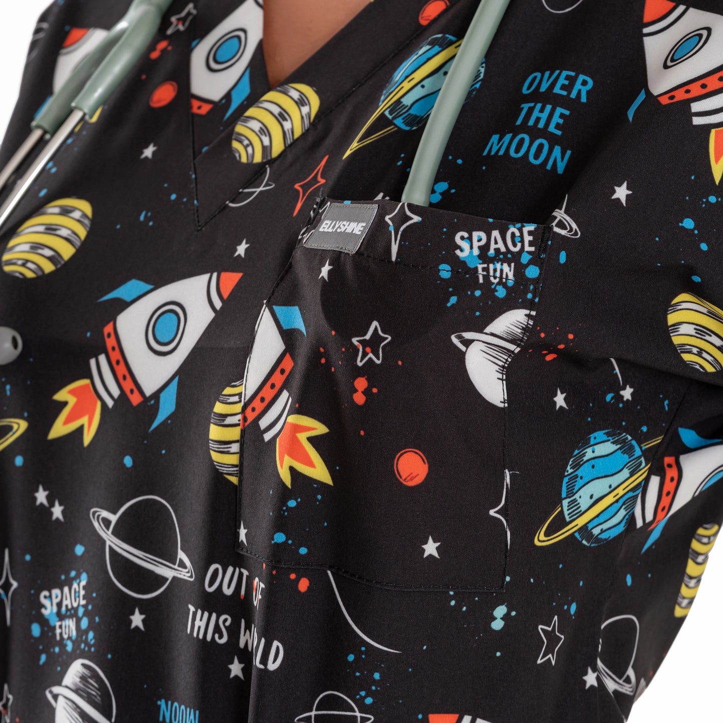 Printed V-Neck Medical Scrub Top, Space Printed