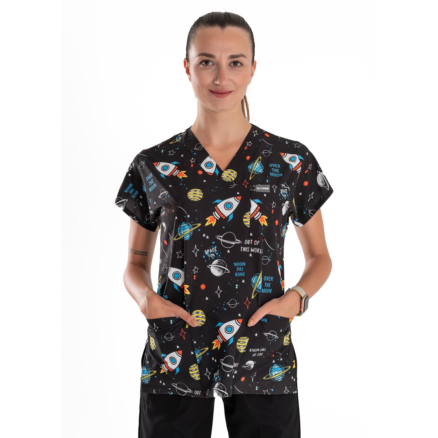 Printed V-Neck Medical Scrub Top, Space Printed