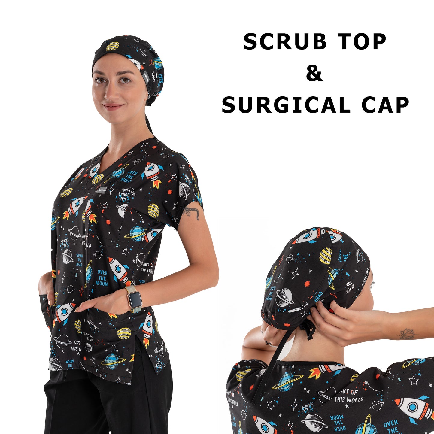 Printed V-Neck Medical Scrub Top, Space Printed