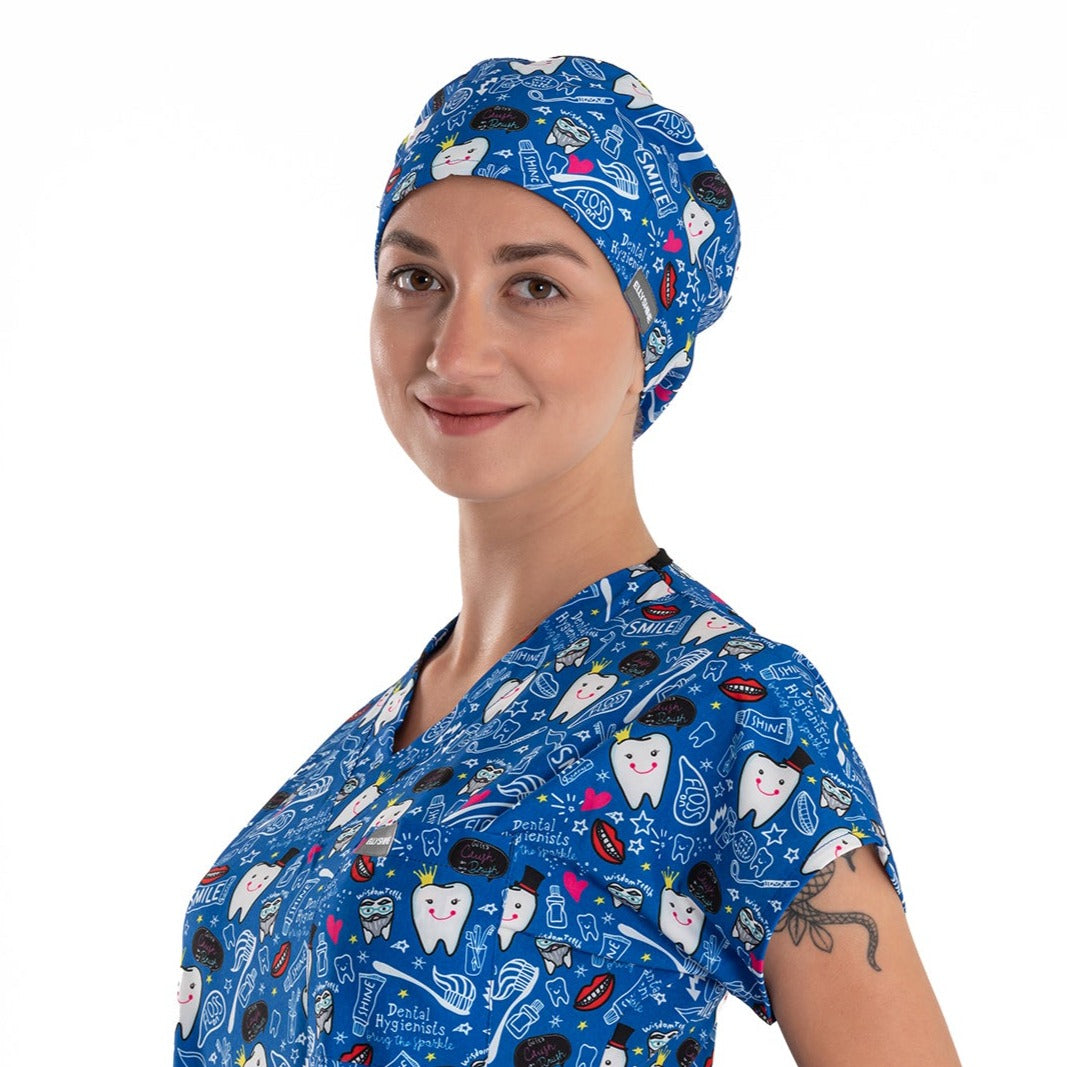 Printed V-Neck Medical Scrub Top, Tooth Printed