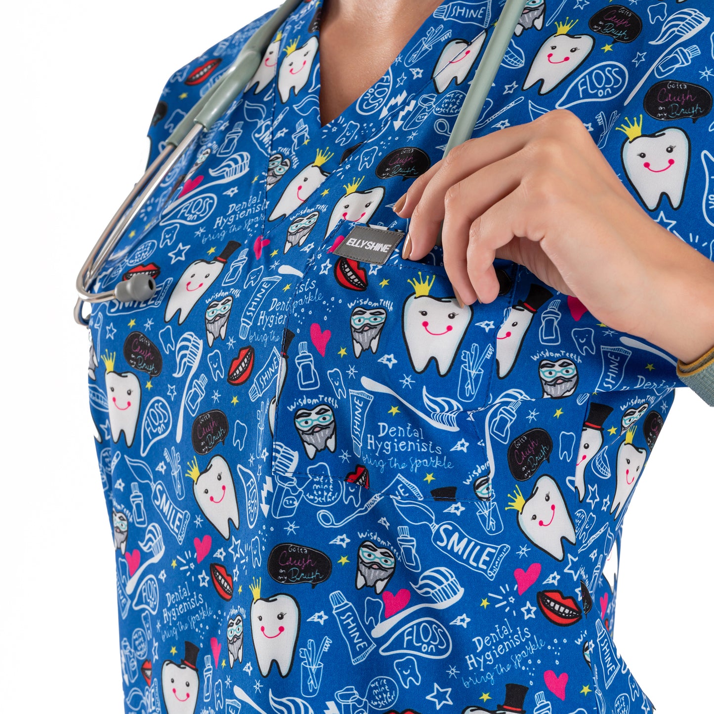 Printed V-Neck Medical Scrub Top, Tooth Printed