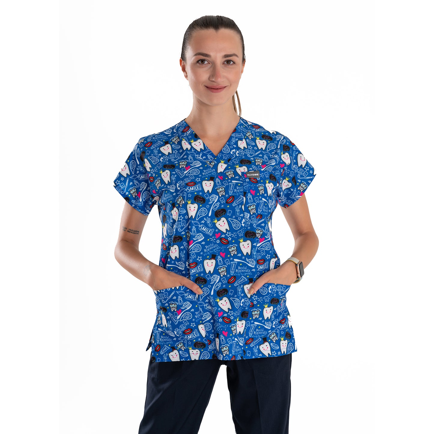 Printed V-Neck Medical Scrub Top, Tooth Printed