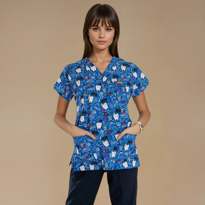 Printed V-Neck Medical Scrub Top, Tooth Printed