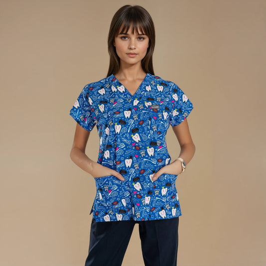 Printed V-Neck Medical Scrub Top, Tooth Printed