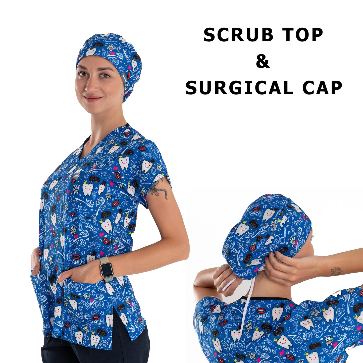 Printed V-Neck Medical Scrub Top, Tooth Printed