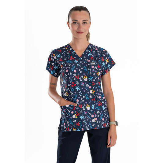 Printed V-Neck Medical Scrub Top, Tulip Printed