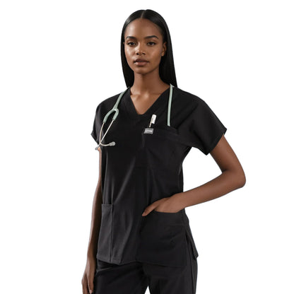 Medical Uniform and Scrubs Multi Pocket V-Neck Scrub Tops - Black