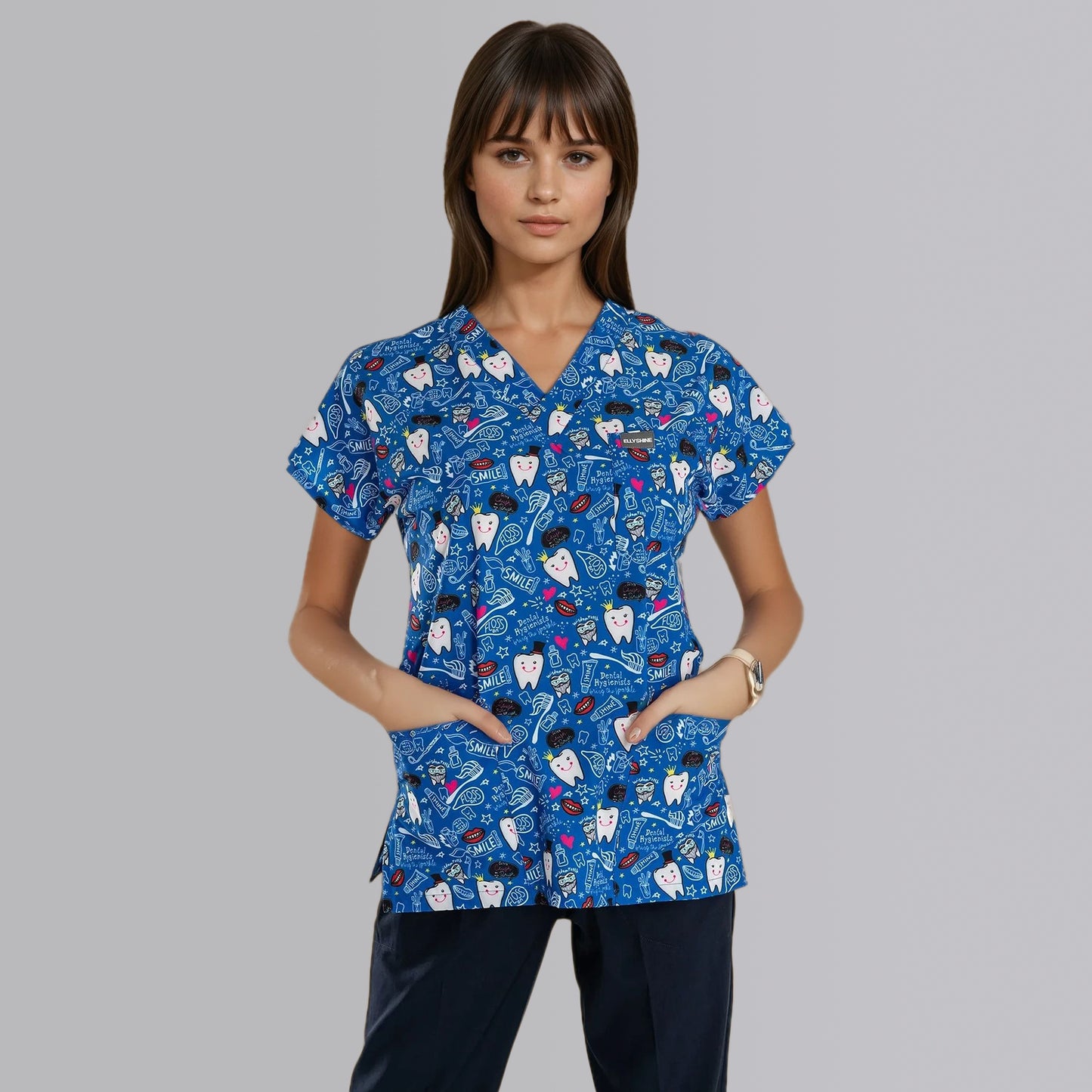 Printed V-Neck Medical Scrub Top, Tooth Printed